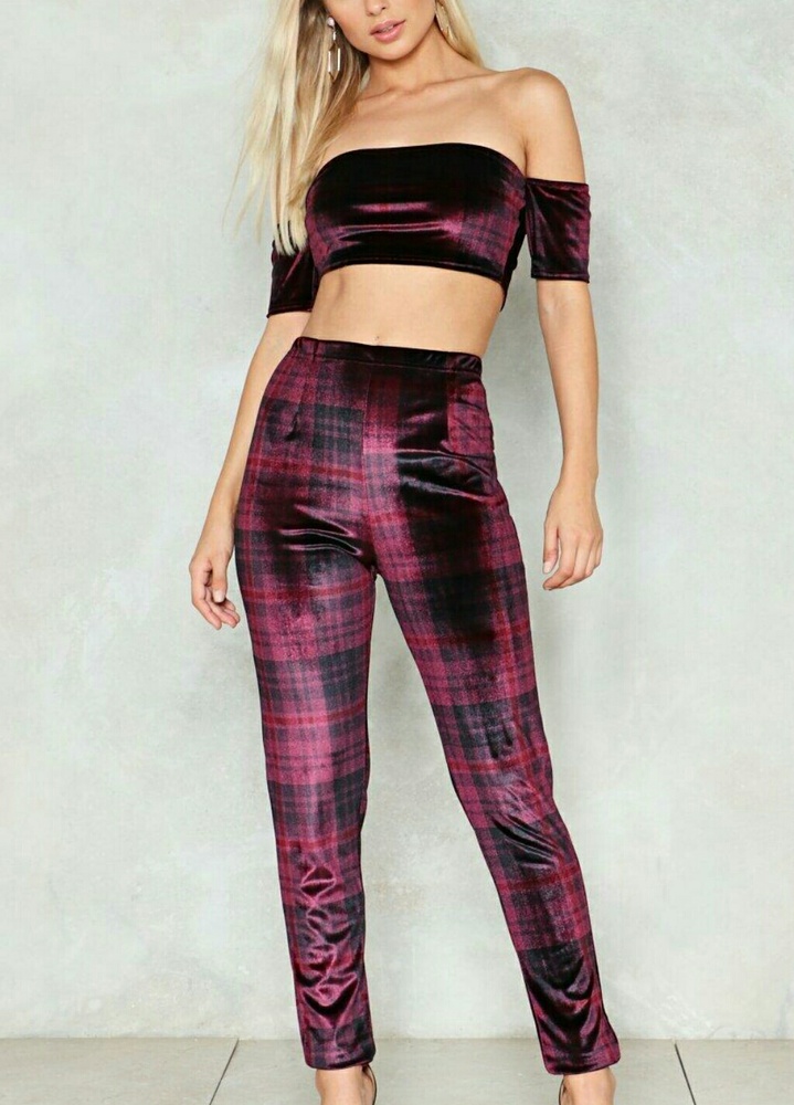 NWT SET Nasty Gal Checked Off Shoulder Plaid US 6